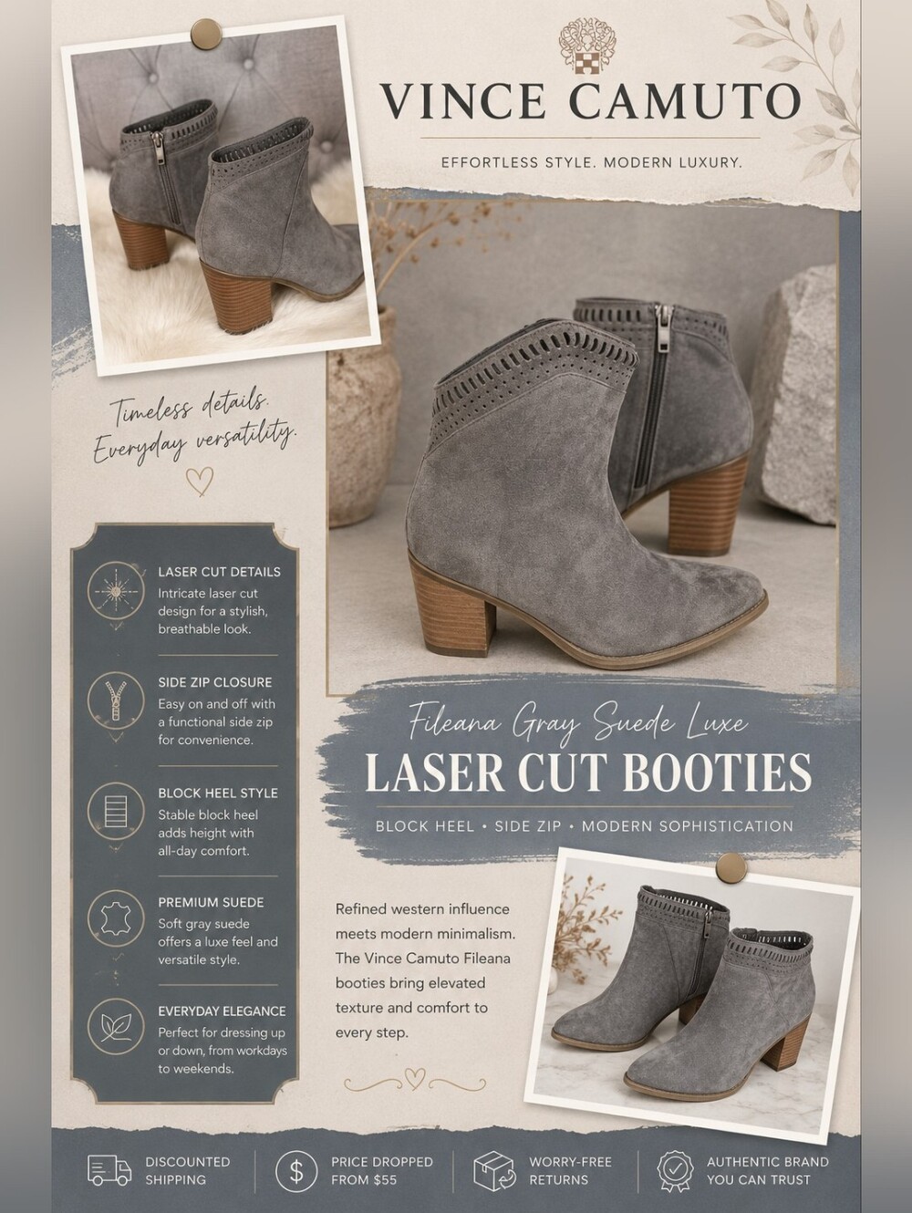 Vince Camuto Fileana Gray Suede Luxe Laser Cut Booties Block Heel Side Zip